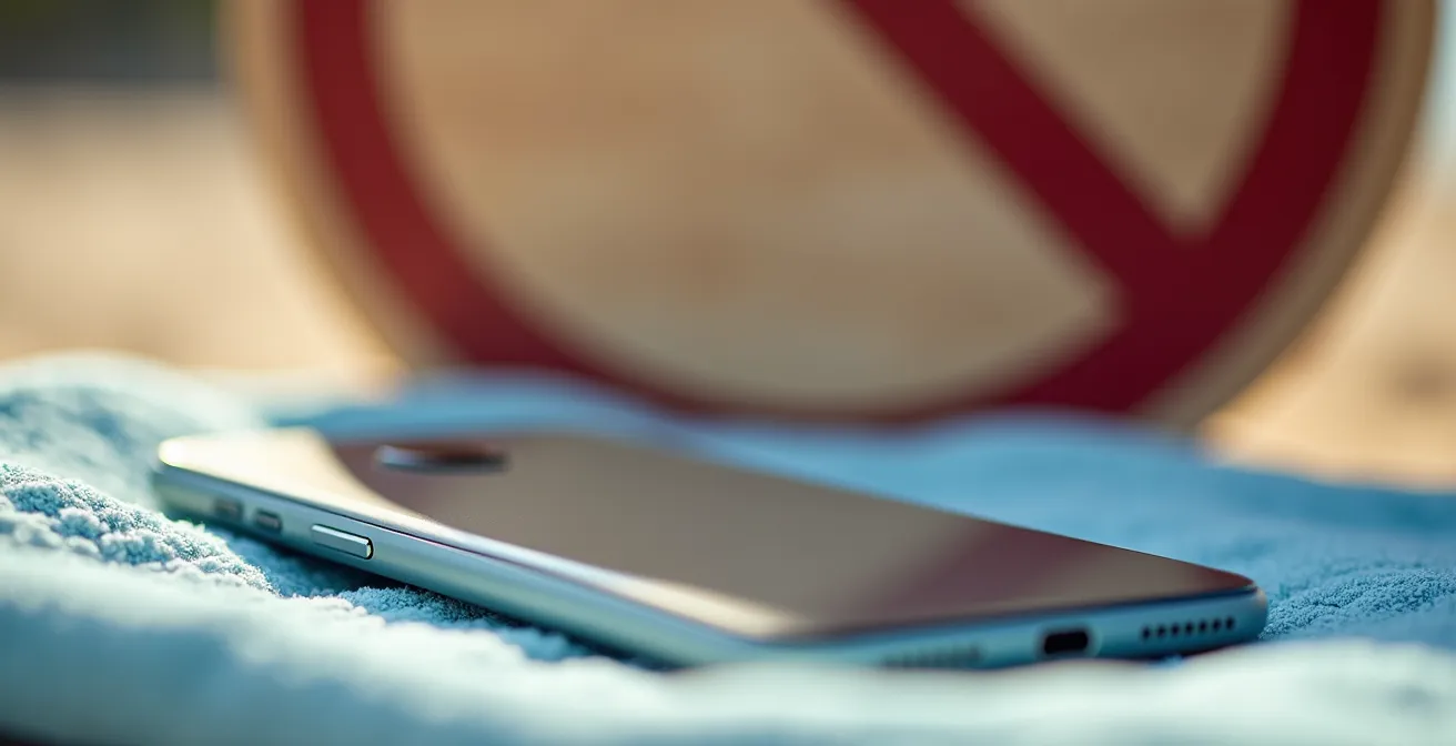Gros plan sur un smartphone retourné posé sur une serviette avec panneau d'interdiction flou en arrière-plan