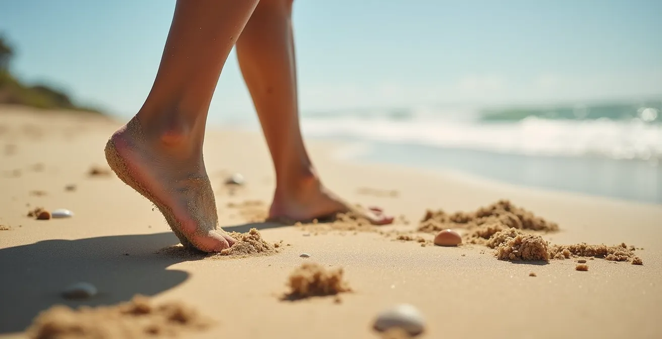 Démonstration de la technique de marche en plantant le pied dans le sable pour éviter les brûlures