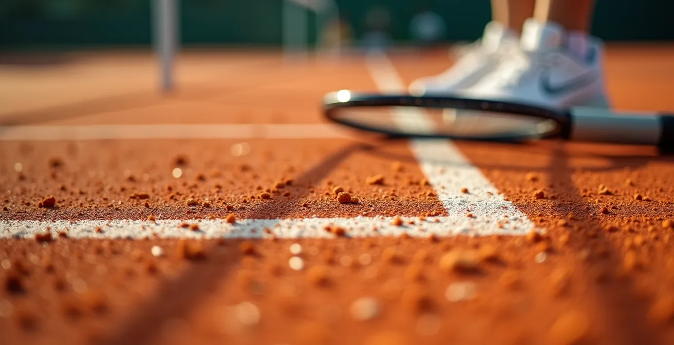 Court de tennis en terre battue avec équipements sportifs posés au bord du terrain