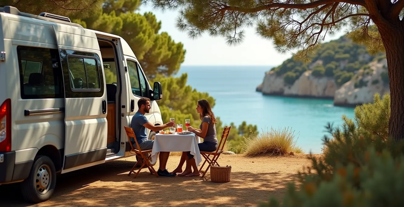 Van aménagé stationné sur un promontoire naturel face à une crique méditerranéenne au soleil de midi