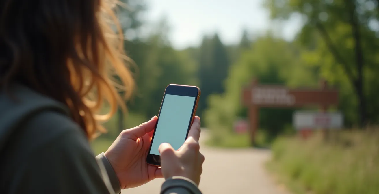 Personne consultant l'annuaire officiel FFN sur smartphone dans un environnement naturel