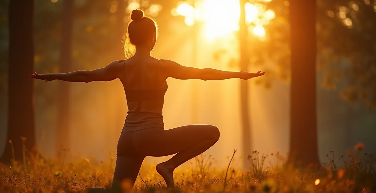 Silhouette en posture de yoga dans un environnement naturel au lever du soleil